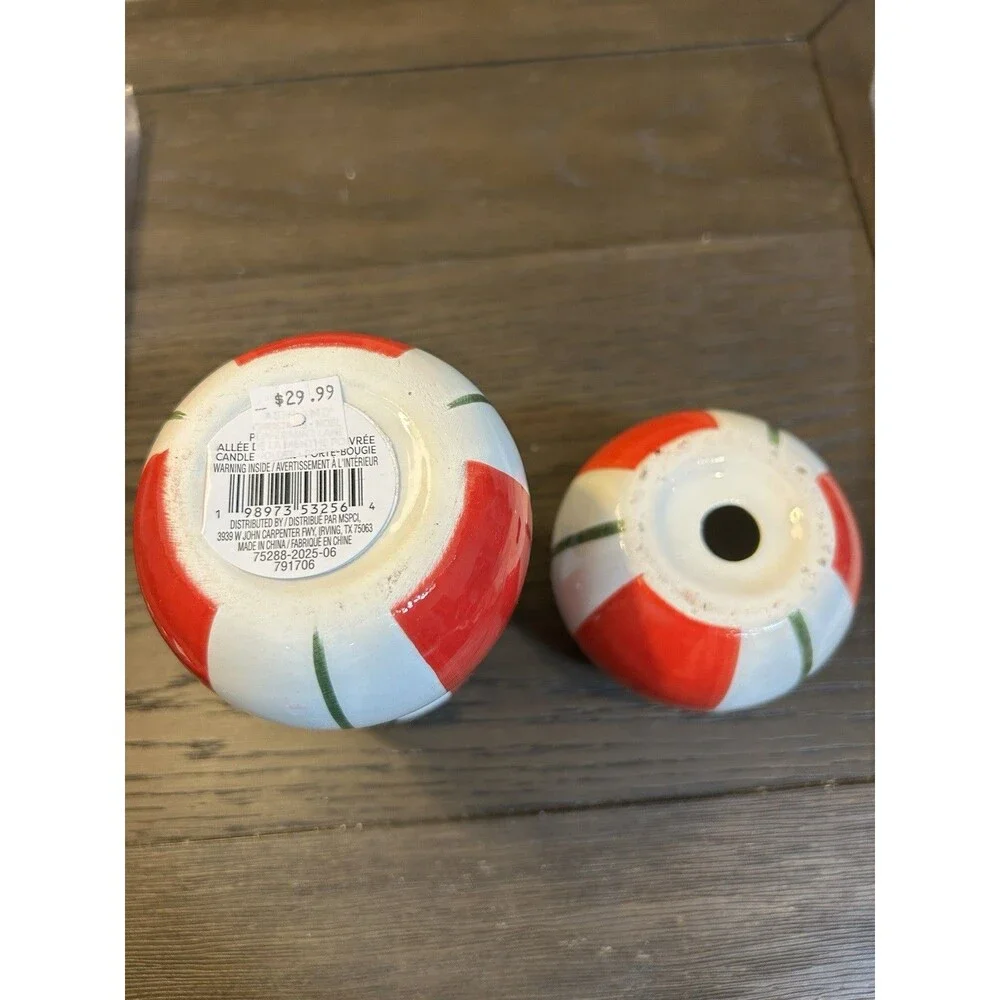 Ashland Ceramic Striped Christmas Taper Candle Holders Red White Green Bundle